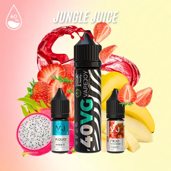 JUNGLE JUICE – рідина для вейпа зі смаком фрукта дракона з полуницею та бананом 60мл JUNGLE JUICE – рідина для вейпа зі смаком фрукта дракона з полуницею та бананом 60мл